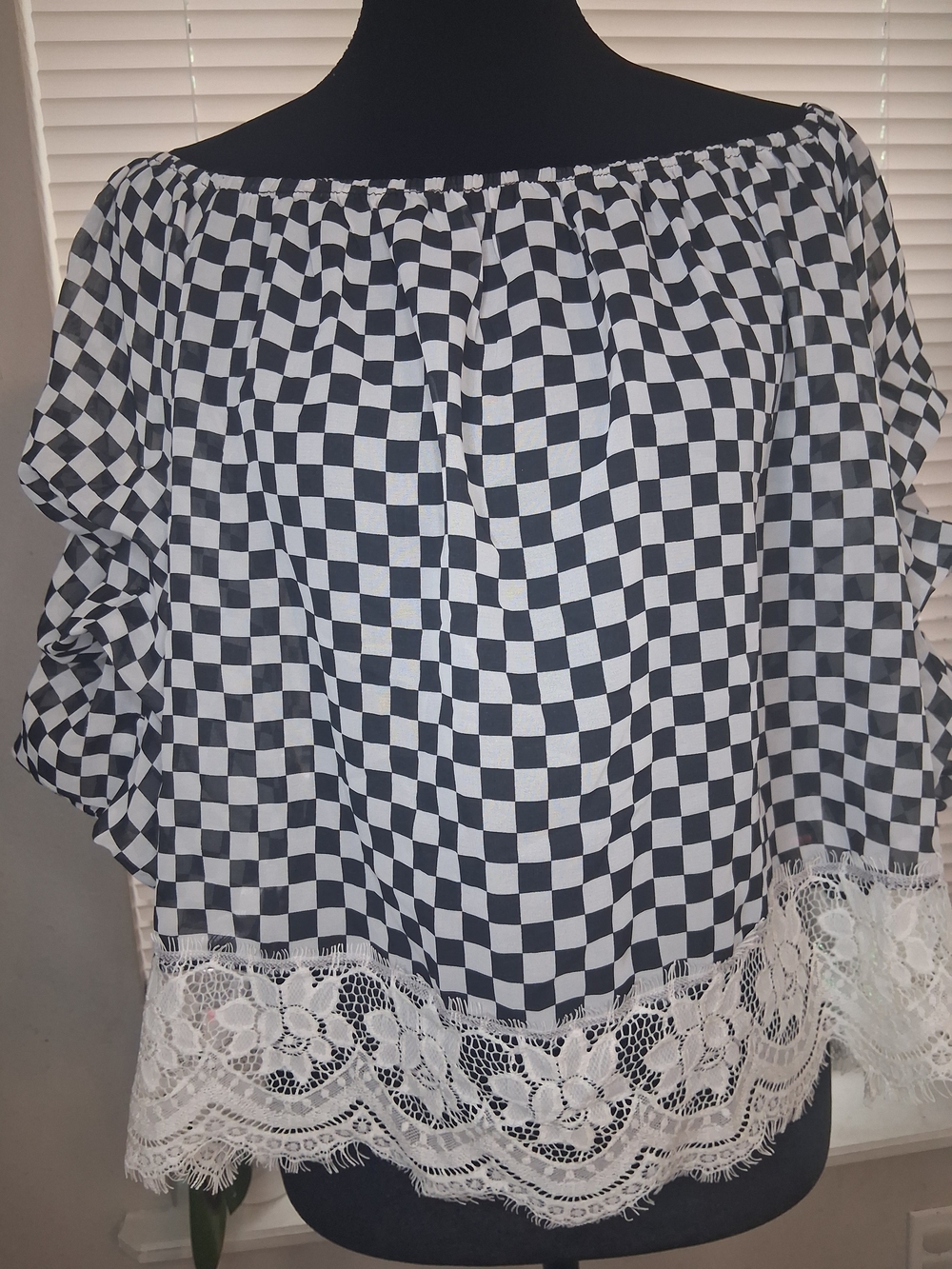 love J Black and White Check Off-Shoulder Top with Lace Hem